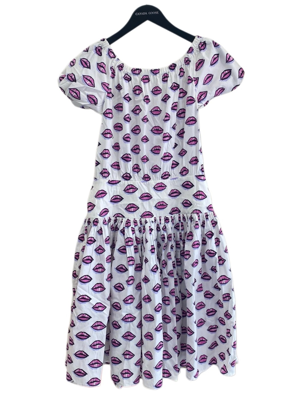 Prada White Puff-Sleeve Midi Dress with Pink Lip Print